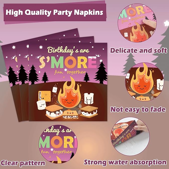 OBUSATT 96Pcs S'Mores Birthday Party Supplies - Smores Bonfire Birthday Paper Plates, Napkins, Marshmallows & Dinnerware for 24