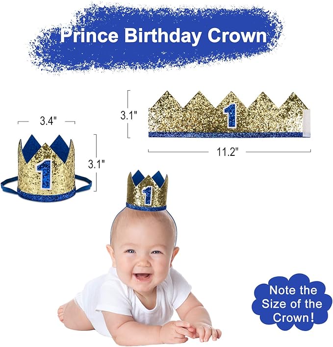 1st Birthday Boy Decorations with Burlap Highchair Banner, Cake Topper, Blue Hat Crown for Happy First Birthday Party Decoration Supplies