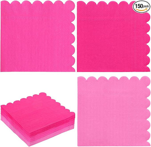 Whaline 150Pcs Hot Pink Scalloped Cocktail Napkins 3 Gradient Pink Colors Paper Napkins Disposable Dinner Beverage Napkins for Baby Shower Wedding Birthday Party Supplies Table Decor, 5 x 5 Inch