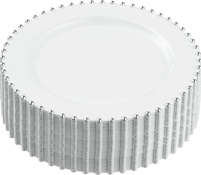 PLASTICPRO 128 Piece Combo Plastic Dinner Plates Disposable Plastic Fancy Heavy Duty Party Dishes 7 inch and 10 inch, White and Silver Beaded