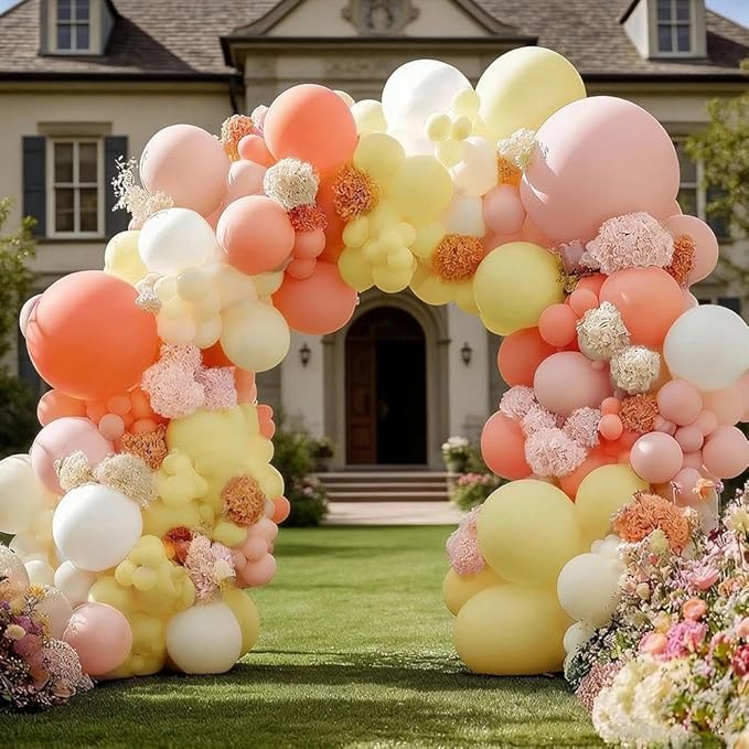 Pink Yellow Peach Balloons with Hydrangea Artificial Flowers, Double Stuffed Pastel Pink Coral White Ivory Balloon Arch for Wildflower Baby Shower Birthday Bridal Shower Easter Tea Party Decor