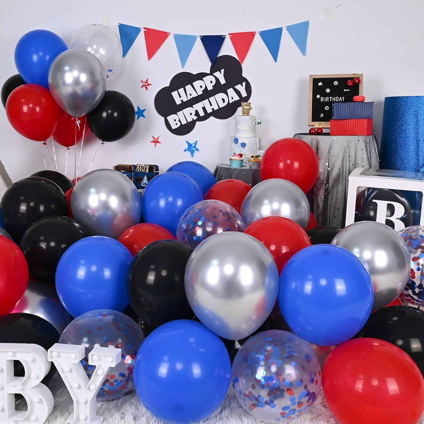 Red Blue Black Balloon, 12 Inch Spider Party Decorations, Matte Red Black and Royal Blue Latex Balloon with Confetti Balloons for Kids Boys Spider Hero Theme Birthday Baby Shower Halloween Party