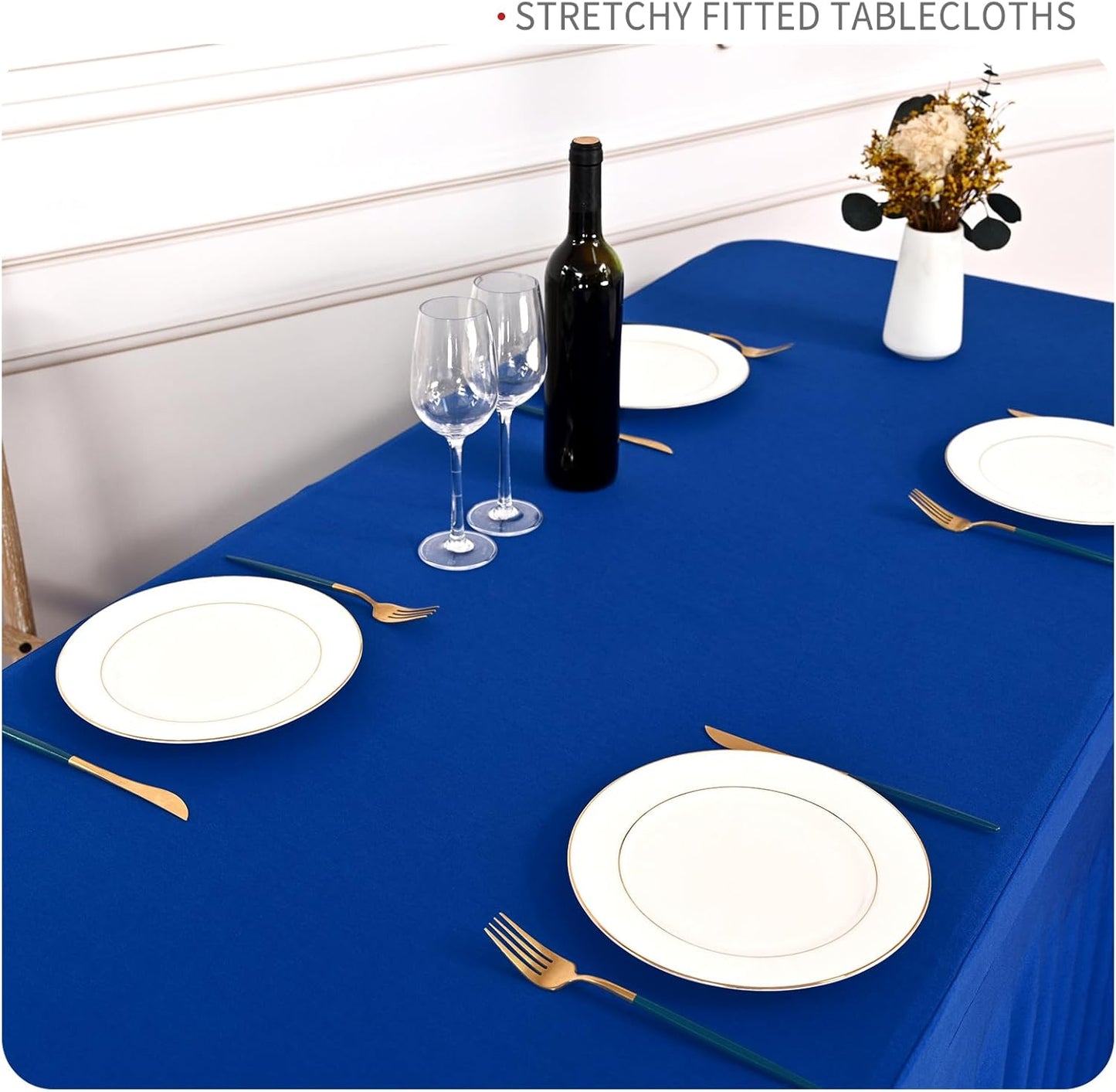 2 Packs Royal Blue Stretch Table Skirts for 8 Foot Rectangle Table, Washable Spandex Stretch Tablecloths with Skirt, Wrinkle Resistant Fitted Tablecover for Wedding Party Banquet