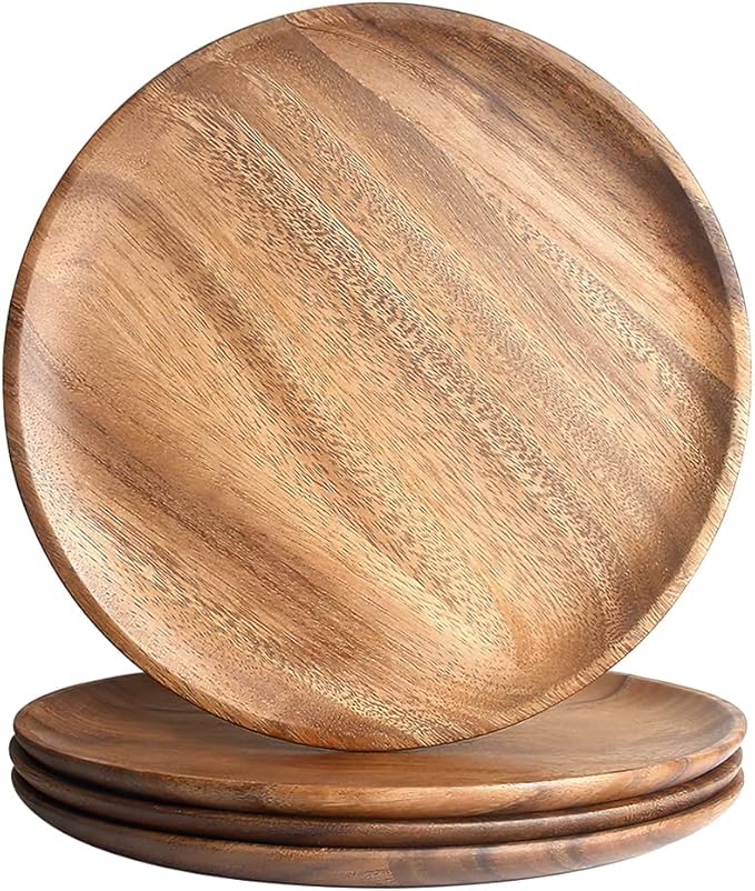 IQCWOOD Wooden Dinner Plates, 11 Inch Round Wood Dinner Plates Set of 4, Acacia Wooden Plates Round Tray Serving Platter for Food Sandwich Dessert Snack Plates