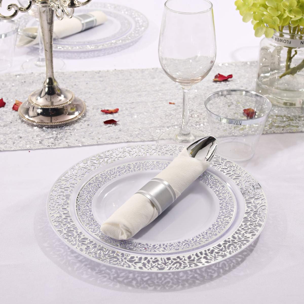DaYammi 210PCS Silver Plastic Dinnerware Set, Silver Disposable Plates, Includes:30 Dinner Plates,30 Salad Plates,30 Cups 9 OZ and 30 Pre Rolled Napkins with Cutlery Heavy Duty for Party