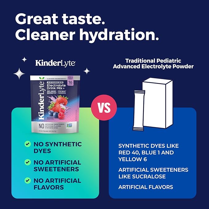 Kinderlyte Electrolyte Powder for Kids and Adults - Drink Mix Hydration Packets (Fruit Punch, 16 Count), No Artificial Sweeteners or Flavors, No Synthetic Dyes, Vegan, Non-GMO, Gluten-Free