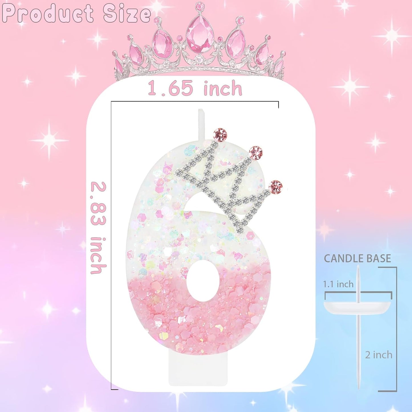 Pink White Number 6 Candle, Glitter Crown Cake Topper, Princess Birthday Party Decorations for Girls and Women Anniversary Celebrations Party Favors