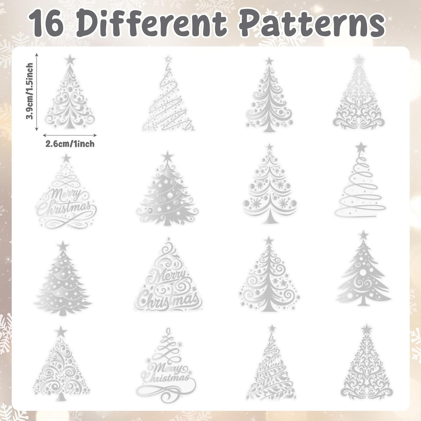 Foil Christmas Tree Stickers - 2 Rolls 16 Designs Easy Peel Metallic Tree Waterproof Decals for Gift Wrapping, Holiday Cards, Water Bottle Laptop Decor, Kids Crafts & Party Supplies