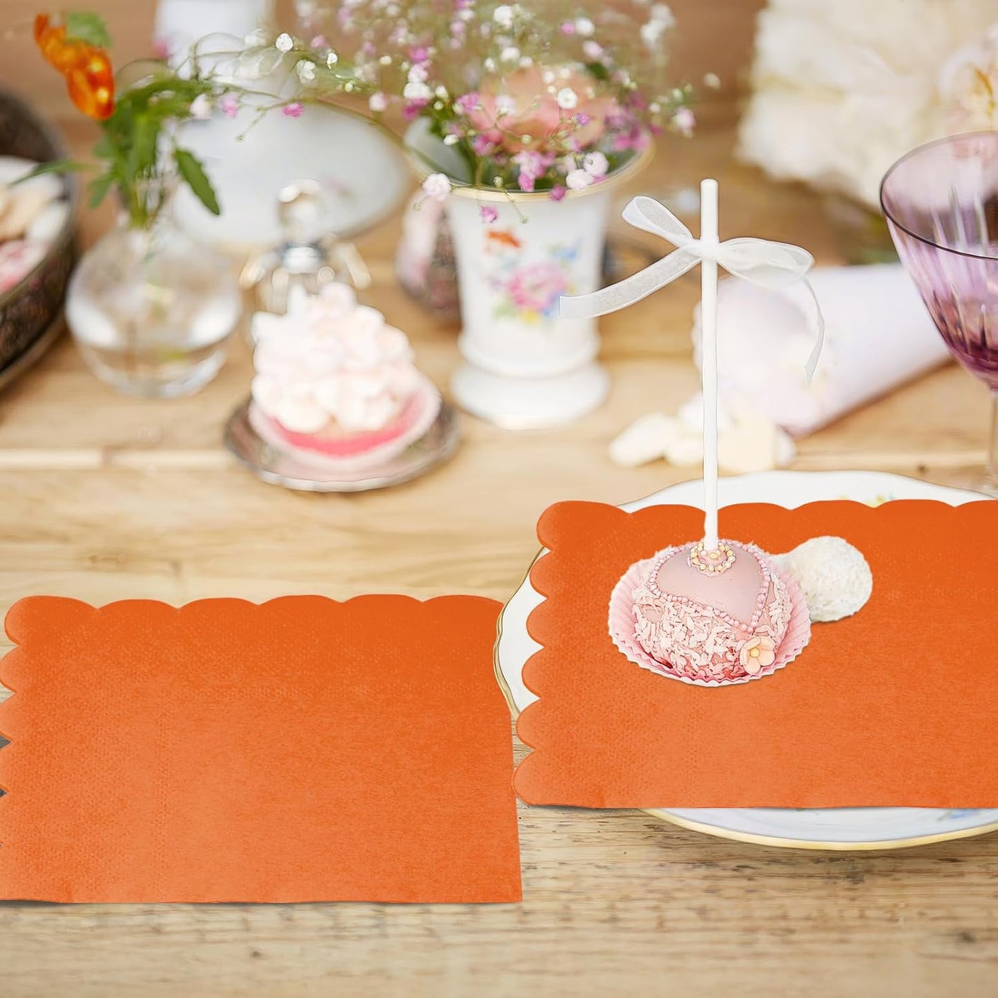 100 Pcs Cocktail Napkins, 2-Ply 5 x 5 Inches Disposable Scalloped Napkins, Thick Premium Dessert Napkins for Party, Wedding, Dinner, Birthday, Anniversary, Festival (Orange)