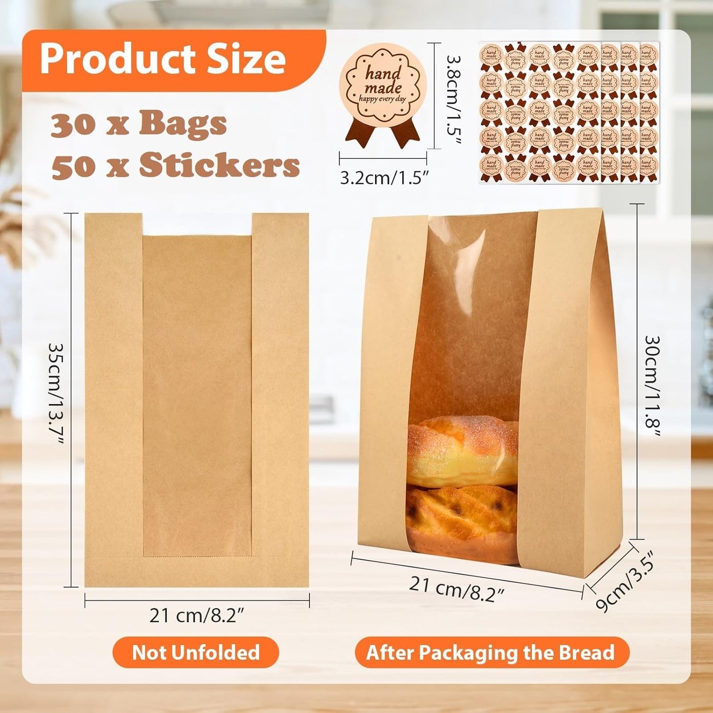 30 Pcs Bread Bags for Homemade, ROOKEA Sourdough Bread Bags with Window for Baked Paper Packaging with Sealing Stickers Bakery Cookie Food Snack Storage Large Kraft Paper 13.7x8.2x3.5 inch