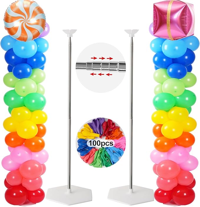 Tamodan Adjustable balloon columns set of 2 with balloons (Includes 100 Colorful Balloons), 78 Inch balloon tower Reusable Metal Telescopic Design for Weddings, Birthdays, Baby Showers.