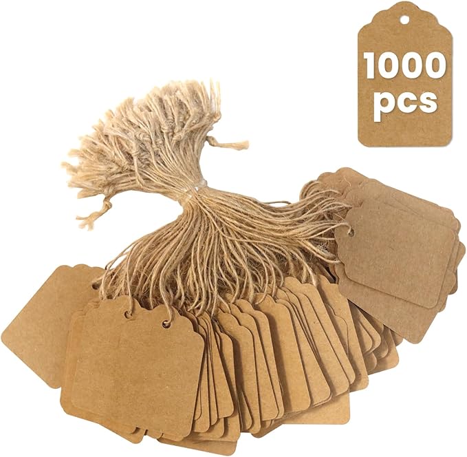 Brown Price Tags with String 1000 PCS, 1.375 x 2.125 Inches, Goefun Kraft Paper Hang Tags for Gift Bags, Hanging, Clothing, Jewelry, Garage/Yard Sale, Inventory, 250 GSM