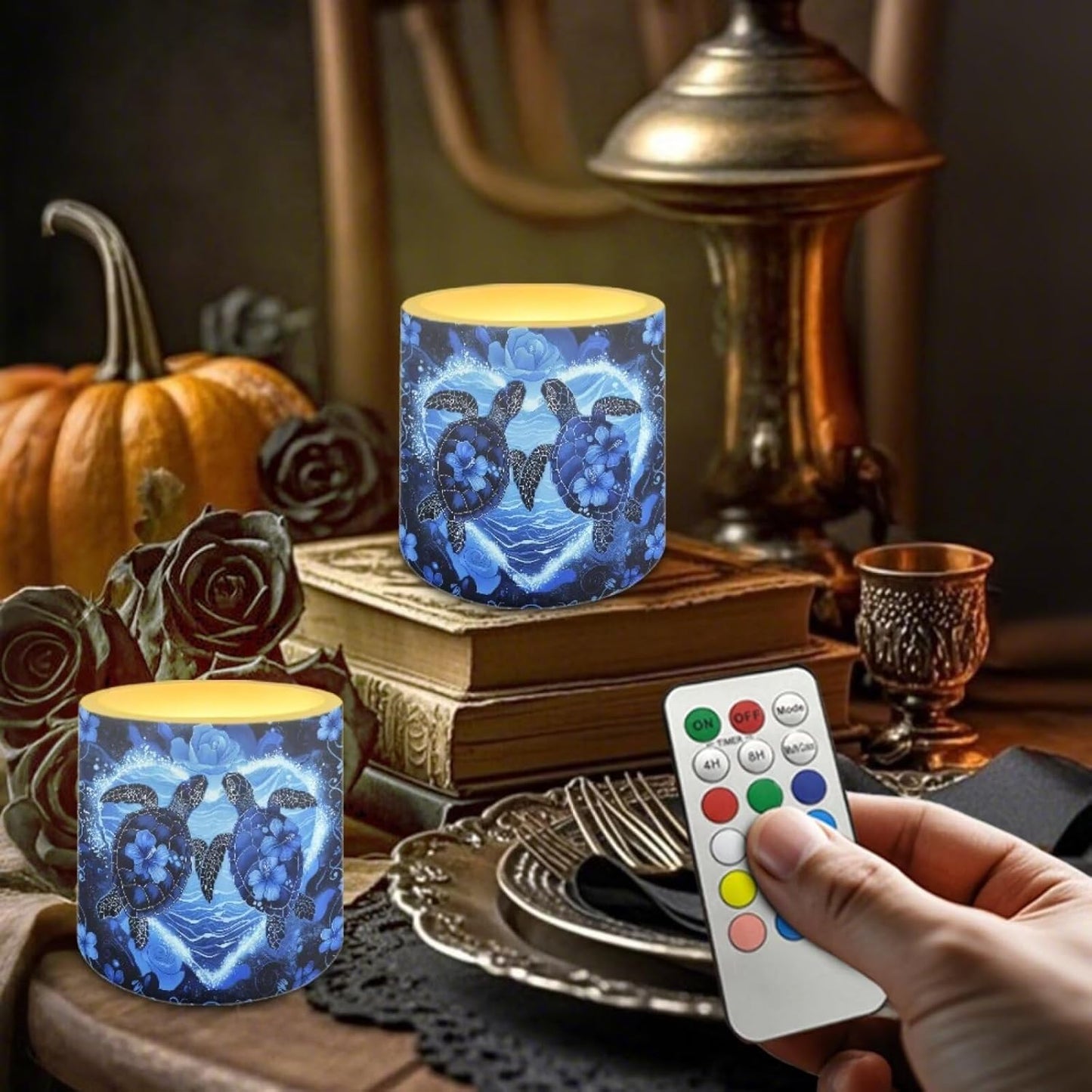 Poceacles LED Flameless Candle Set of 4, Battery Operated Tea Lights with Remote Control, Flickering Effect, Multi-Color Options, Sea Turtle Love Rose Hibiscus Flower Dark Blue
