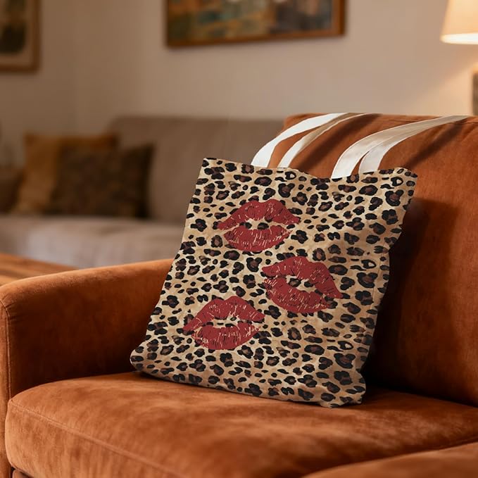 Coquette Leopard Red Lip Tote Bag for Women,Trendy Cheetah Print Canvas Tote Bag for Girls,Girly Leopard Lip Print Aesthetic Reusable Shopping Grocery Bags Party Favors