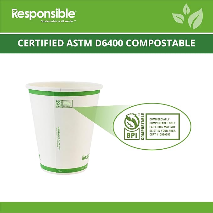 Responsible Products 10 oz Paper Hot Cups, Tree-Less™ Compostable Paper Coffee Cups, Extra Strength, Tree-Free and Made Without PFAS, White (1000 Count)