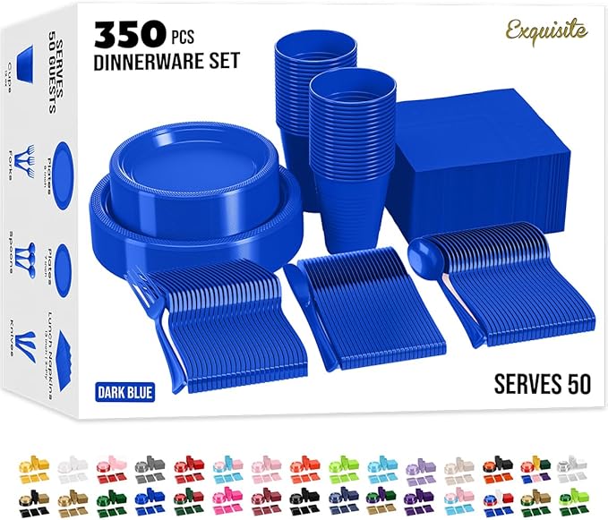 350 Pcs Dark Blue Plastic Plates For Party, Dark Blue Disposable Plates Set, 50 Of Each 9" Dinner Plate Set, 7" Dessert Plate, Cups, Napkins & Cutlery Plastic Dinnerware Exquisite