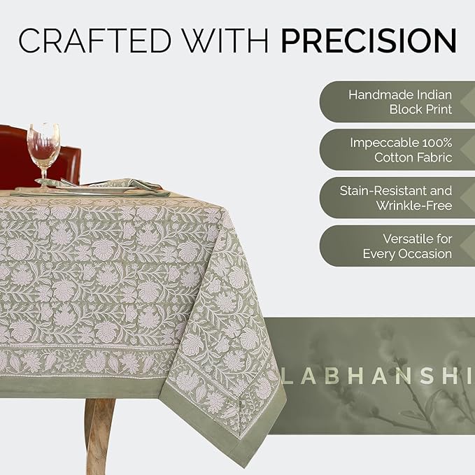 Labhanshi Indian Handblock Print Table Cloth|Cotton Floral 72x135 Inch Rectangle 10-Seater Rustic St. Patrick Spring Easter Decoration Table Top Cloth|Baby Shower Birthday Party Decor |Sage Green