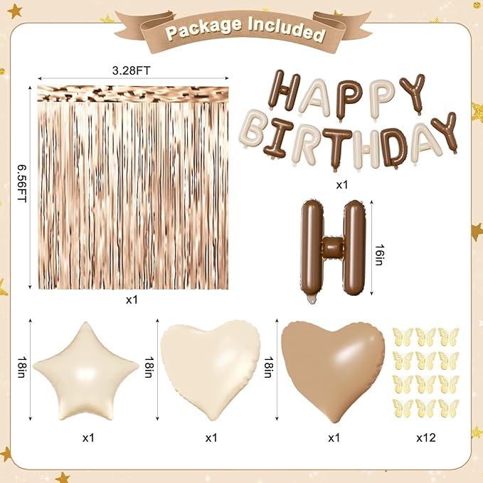 Brown Birthday Decorations, Brown Tan Beige Gold Foil Confetti Balloons Happy Birthday Banner Gold Butterfly Fringe Curtains Birthday Decorations for Women Girls
