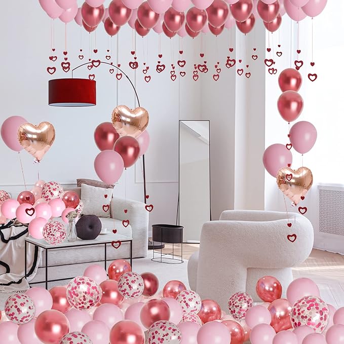 Bonropin Valentine's Day Balloons Kit with Rose Gold Pink Heart, I Love You Balloon, Rose Petals for Valentine, Anniversary, Wedding, Mother's Day, Romantic Special Night Decorations