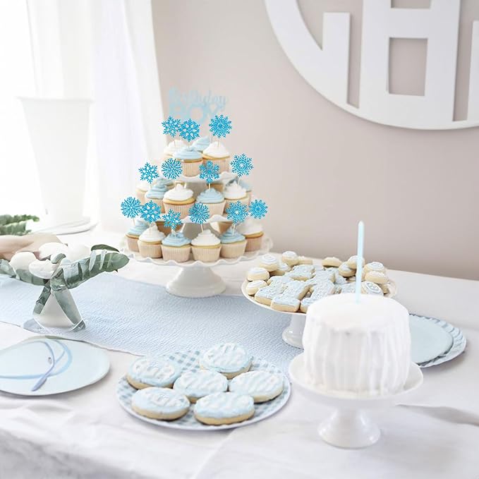 36Pcs Snowflake Cupcake Toppers Blue Glitter Snowflake Cake Toppers Frozen Cake Decorations for Baby Shower Winter Wonderland Christmas Party Cake Decoration Supplies