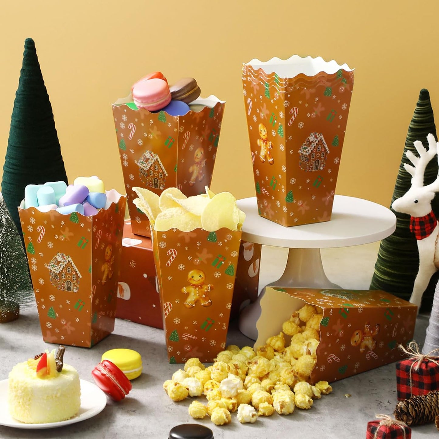 Faccito 24 Pcs Christmas Popcorn Boxes Brown Gingerbread Popcorn Boxes Christmas Paper Snow House Buckets Snack Containers Holiday Case for Xmas Party Gingerbread House Party Favors Supplies