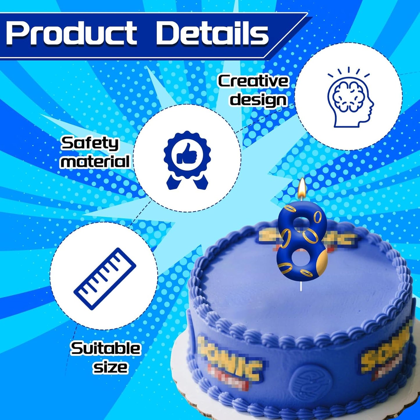 Birthday Cake Candles - Blue and Golden Ring Number Candles with Vibrant Designs for Boys & Girls, Theme Birthday Party Decorations,Cake Toppers for Theme Parties(Number 8)