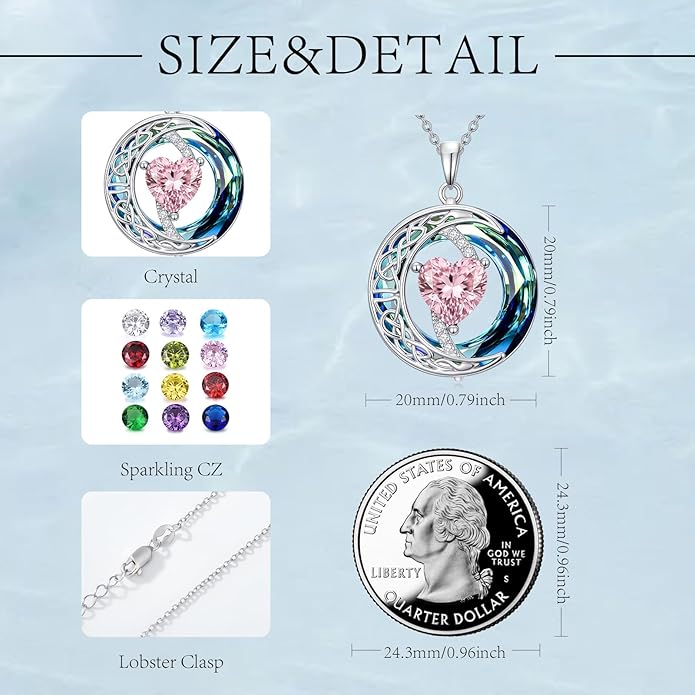 Valentines Day Gifts for Women, Birthstone Necklace for Women, Celtic Moon Pendant Blue Crystal Necklace Heart Jewelry Anniversary Jewelry Gift for Daughter Wife Mother Sister