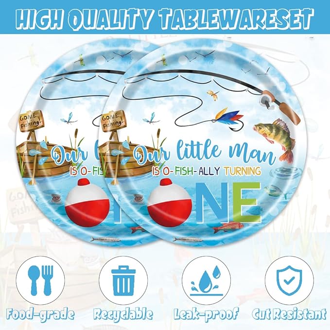 40pcs Fishing 1st Birthday Party Supplies Boys Fishing Birthday Party Decorations Plates and Napkins Gone Fishing Themed Party Tableware Set for Baby Shower