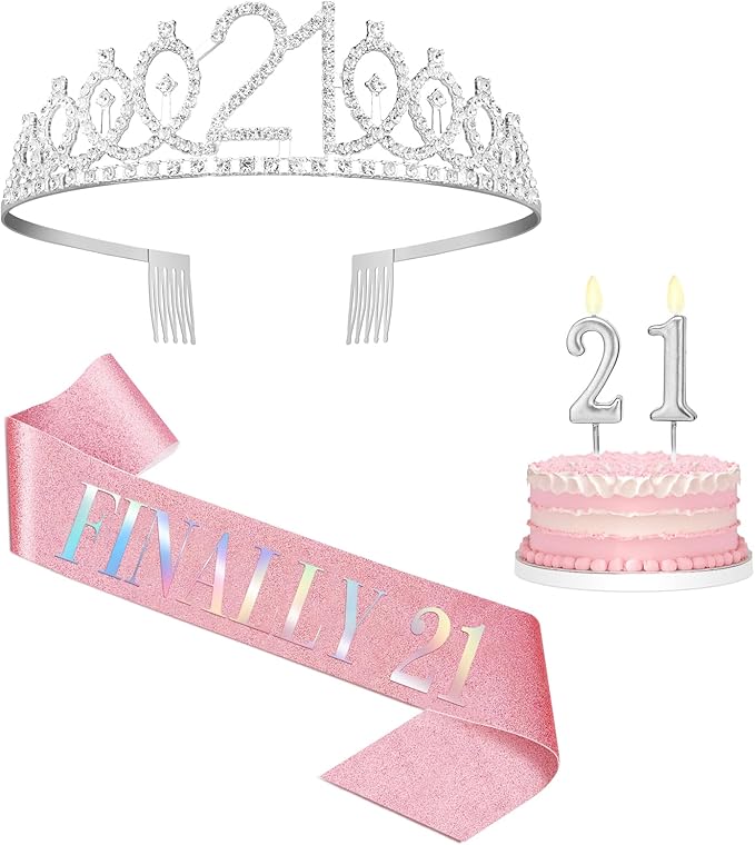 21st Birthday Decorations for Her with Pink 21st Birthday Sash and 21 Crown Silver, Candles Silver, Gifts for 21 Year Old Girls