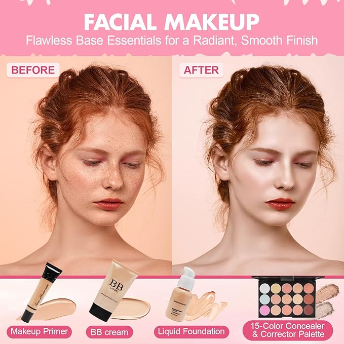 All in One Makeup Kit for Women Full Kit, Makeup Gift Set for Women Teen Girls, Makeup Essential Bundle Includes Foundation Eyeshadow Contour Palette Lipstick Eyeliner Mascara Cosmetic Brush Set