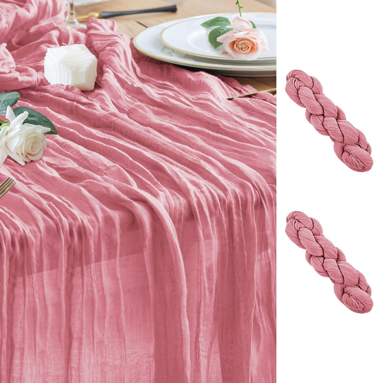 Wokceer Cheesecloth Table Runner 2Pack 10FT Dusty Rose Boho Gauze Cheese Cloth Table Runner for Party Long Rustic Sheer Table Runners for Baby Bridal Shower Wedding Easter Table Decor