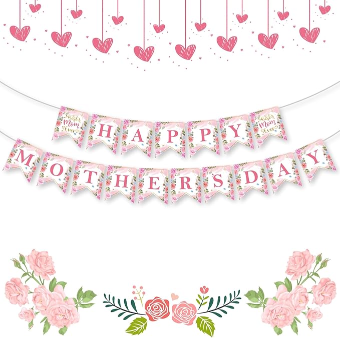 Happy Mothers Day Banner - Pink Mother's Day Decorations Banners, 2026 Best Mom Ever Sign Bunting Banner Garland for Mothers Days Home, Office, Fireplace, Wall Party Decor Supplies Favors Props