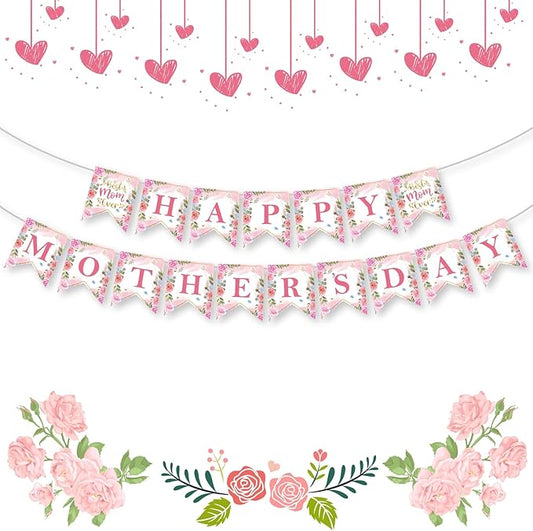 Happy Mothers Day Banner - Pink Mother's Day Decorations Banners, 2026 Best Mom Ever Sign Bunting Banner Garland for Mothers Days Home, Office, Fireplace, Wall Party Decor Supplies Favors Props