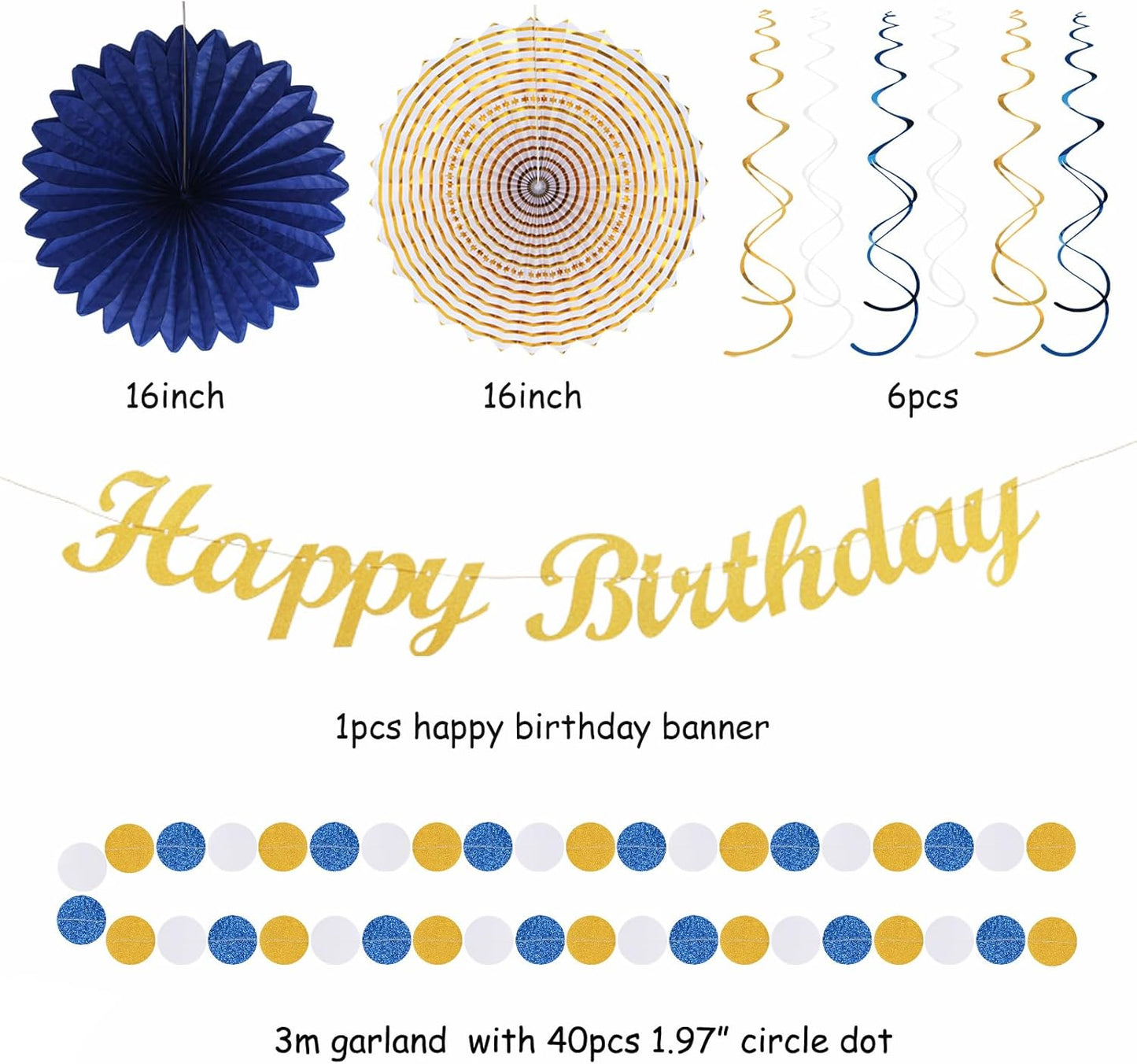Navy-Blue White Gold Birthday Party-decorations - 21pcs Men Boys Adult Happy Banner Garland, Royal Paper Streamers Lanterns,Flower Tissue Pom Poms Fan Supplies, Wall Backdrop Decor Huglony