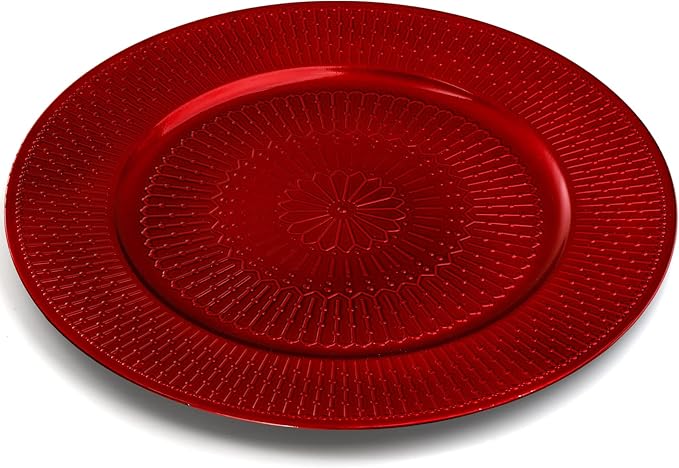 DEAYOU 12 Pack Red Charger Plate, 13-inch Beaded Chargers for Dinner Plates, Plastic Reusable Round Charger Platters for Wedding, Party, Event, Table Setting, Decoration, Holiday