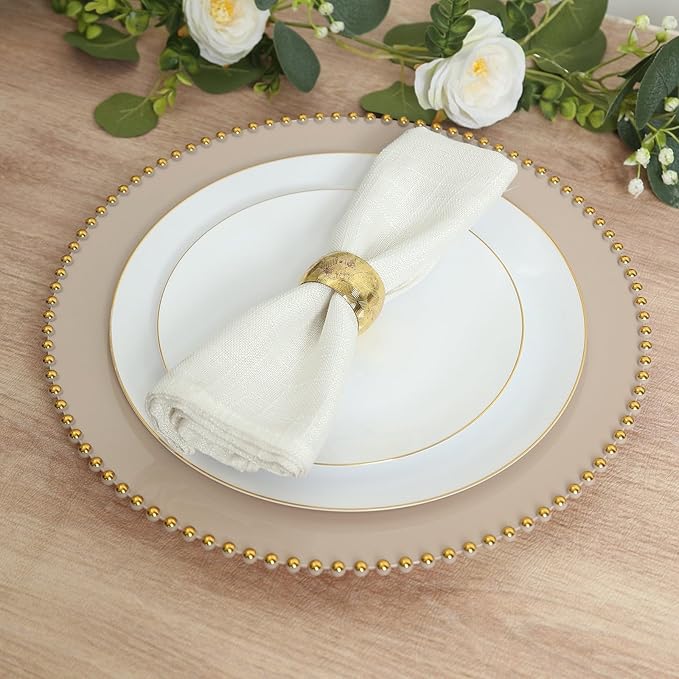 Efavormart 10-Pack Economy Plastic Charger Plates 13" Round Taupe with Gold Beaded Rim - Stylish Dinner Party Serving Plates