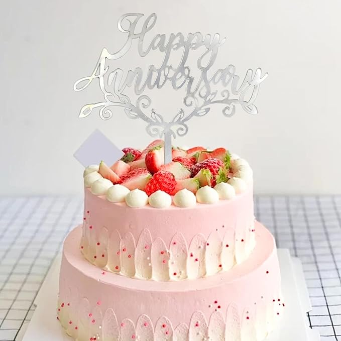 Silver Acrylic Happy Anniversary Cake Topper - Personalized Wedding, Engagement, Anniversary & Bridal Shower Cake Decoration