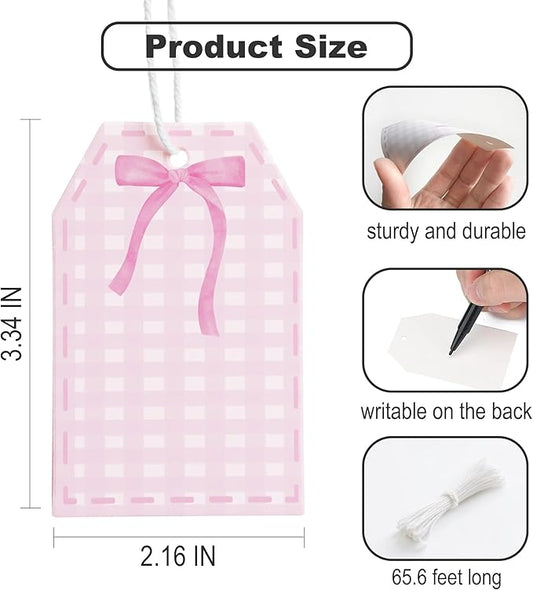 ASYEHJNR 100Pcs Coquette Pink Bow Gift Tags with String Pink Buffalo Plaid Large Gift Tag with 65Ft White String Paper Gift Tag for Coquette Bow Baby Shower Birthday Bachelorette Wedding Gift Wrap Tag