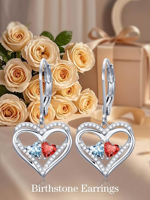 Valentines Day Gifts for Women, Heart Leverback Earrings Double Birthstone Dangle Earrings for Women, Love Jewelry for Her, Anniversary Birthday Gift for Mom Wife Girlfriend