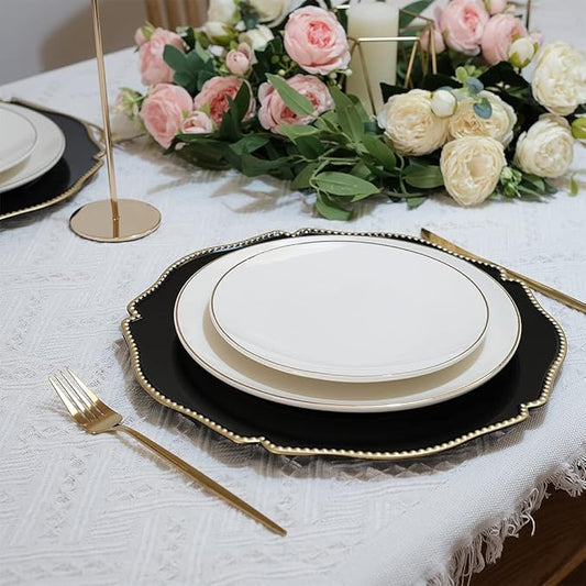Black scalloped charger plates with Gold beaded rim,13 inch plastic dinner chargers for wedding and party table settings, Glossy Finish (set of 6)