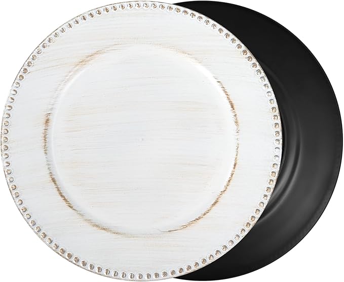 24 Pcs Vintage White Charger Plates Bulk, 13" Round Beaded Plate, Decorative Dinner Plastic Table Chargers for Wedding, Holiday Party, Baby Shower, Event Decoration