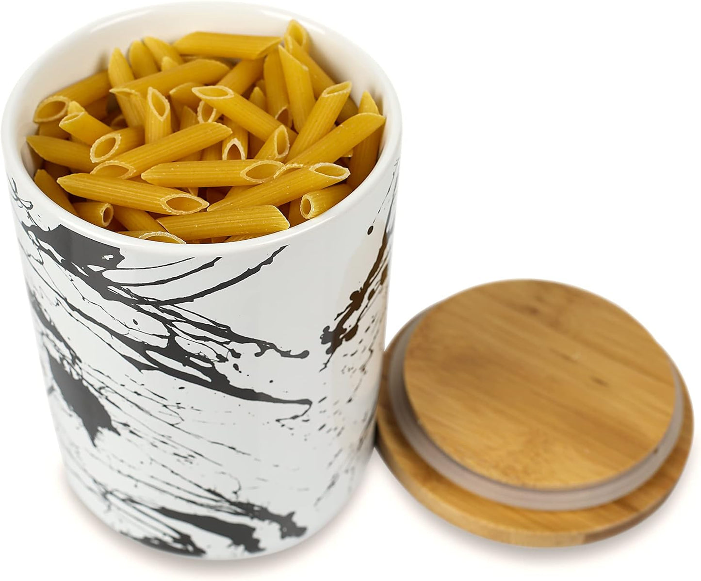 Arthausen Black Splatter Ceramic Storage Jar Canister for Flour Sugar Airtight Bamboo Lid w/Silicone Seal, Spoon - Modern Abstract Art Design for Kitchen Counter Bathroom - 4 cup / 1080mL