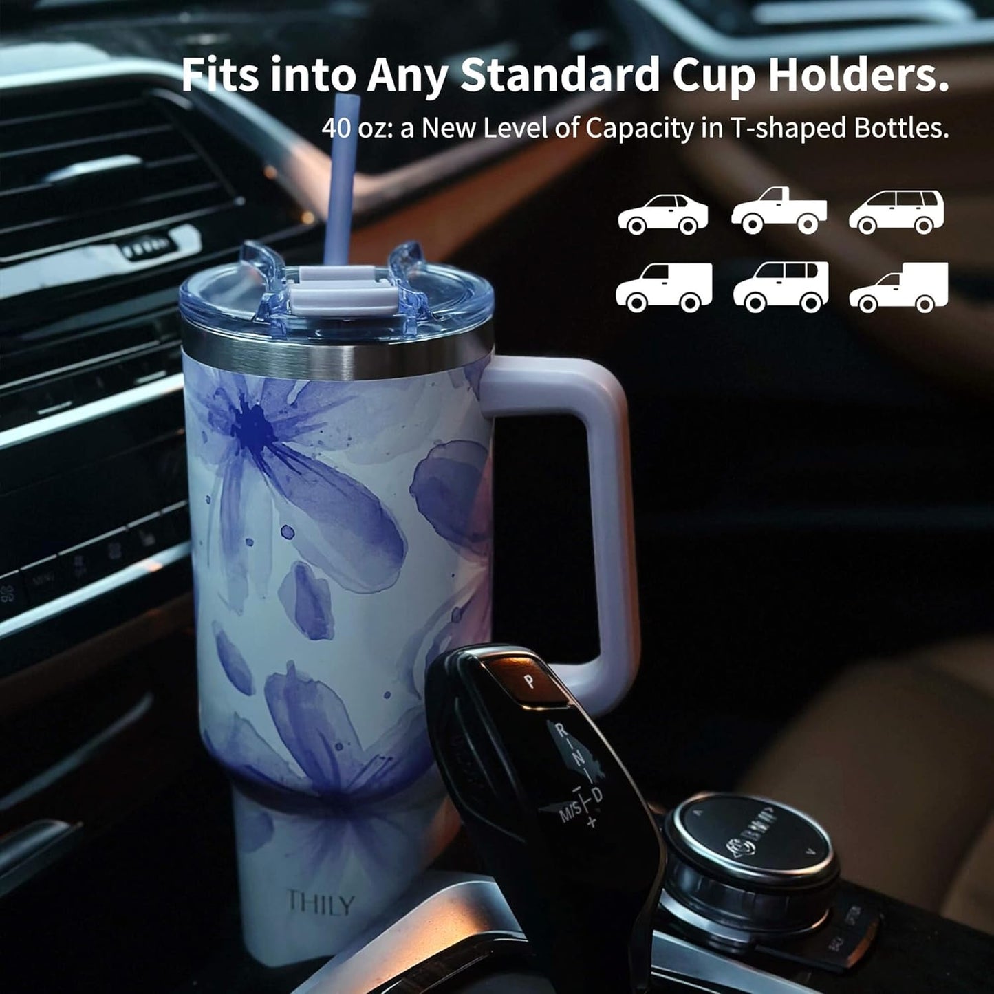 THILY 40 oz Stainless Steel Tumbler with Handle - Vacuum Insulated Travel Cup, Splash-Proof & Leakproof Lid, 2 Straws & Brush | Keeps Cold 34H/Hot 12H, Cupholder Friendly, Violet Leaves