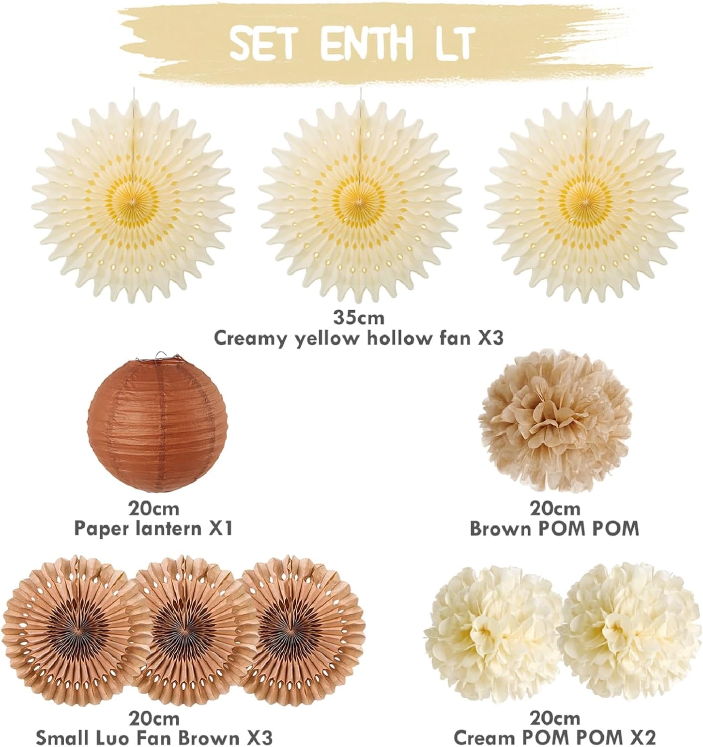 SUNBEAUTY 10 Pcs Brown Party Decorations Rustic Paper Natural Birthday Party Decorations Hanging Lanterns Tissue Paper Pom Poms Cream Folding Fans Kit for Girl Women