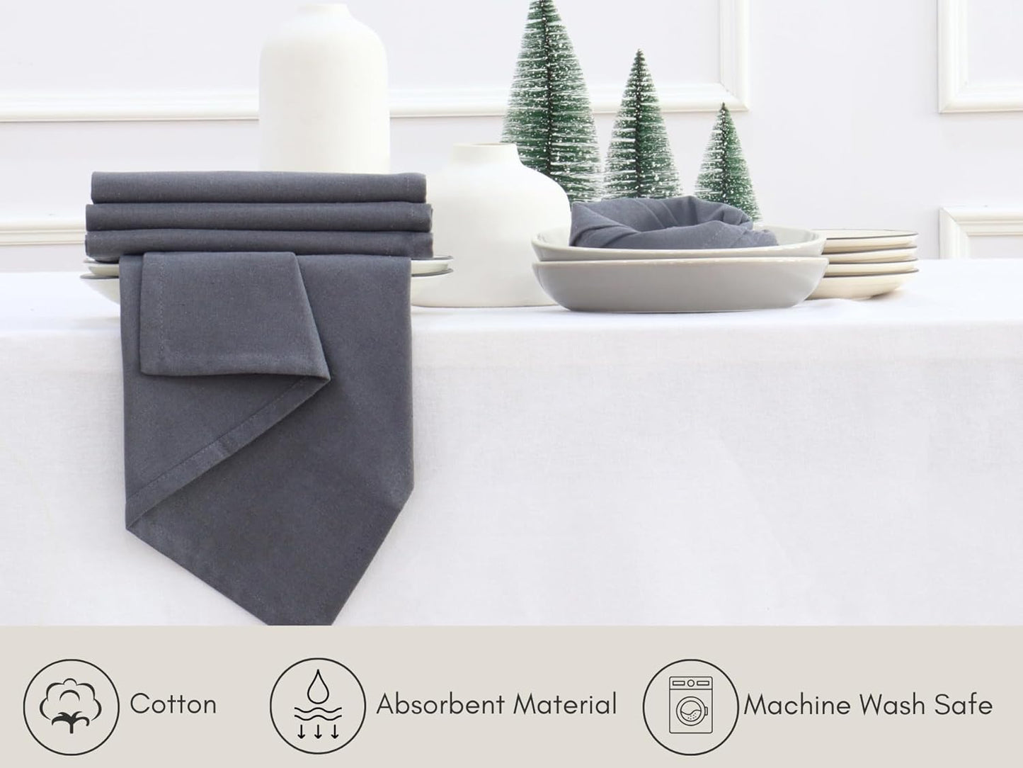 PurpleEssences Set of 12 Cloth Dinner Napkins 100% Cotton 18x18 Inch - Soft Durable Washable - Ideal for Farmhouse Party Fall Thanksgiving - Perfect Everyday Use Table Linen - Dark Gray
