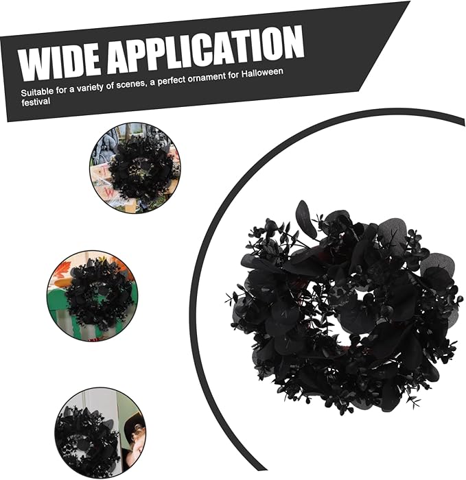 STOBAZA Halloween Eucalyptus Leaf Wreath Black Artificial Decorations Front Door Hanging Garland Eucalyptus Leaves Garland Halloween Theme Decor