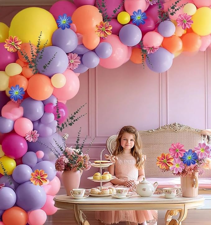 Hot Pink Purple Balloon Arch Double Stuffed Balloons with Cosmos Artificial Flowers Eucalyptus Leaves Pastel Yellow Peach Magenta Latex Garland for Wildflower Birthday Baby Shower Wedding Party Decor
