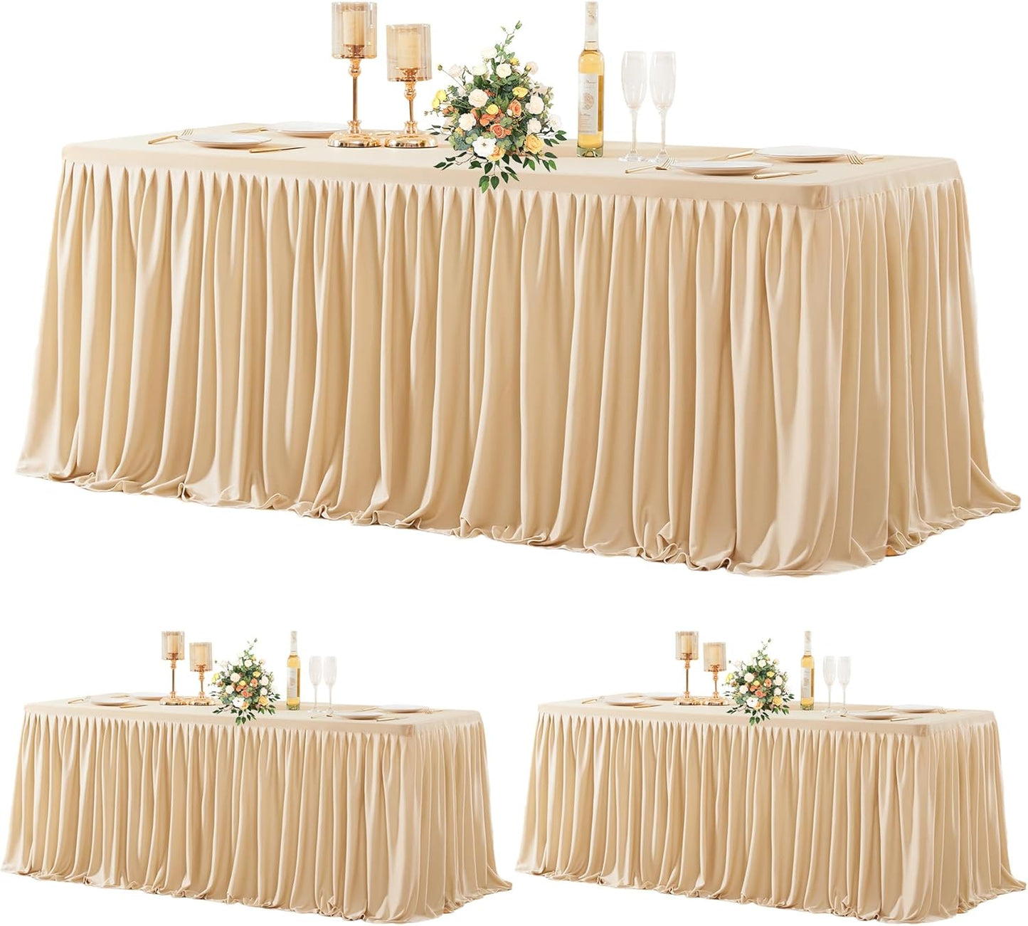 3 Pack Deep Champagne Polyester Table Clothes for 6 Foot Rectangle Tables, Wrinkle Free Fitted Table Cover with Pleated Ruffle Table Skirt for Party Baby Shower Wedding Birthday Event Display