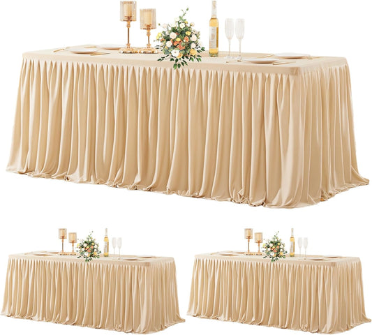 3 Pack Deep Champagne Polyester Table Clothes for 6 Foot Rectangle Tables, Wrinkle Free Fitted Table Cover with Pleated Ruffle Table Skirt for Party Baby Shower Wedding Birthday Event Display