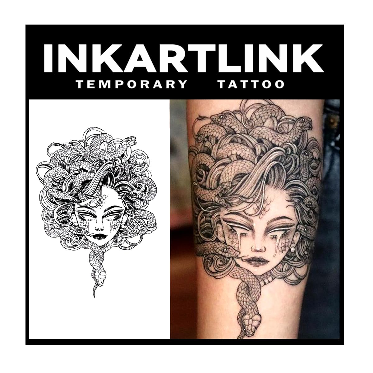 INKARTLINK Tattoo Tech, 2 Sheets Extra-Large Semi Permanent Tattoo, Adult Art Design Temporary Tattoos, Lasts 1-2 Weeks, Waterproof, Realistic Look, No Adhesive, No Reflection (Medusa Design)
